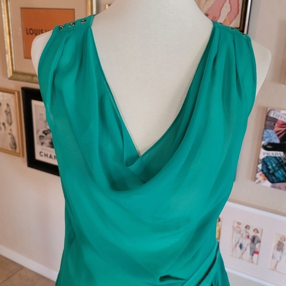 Bebe Y2K Turqouise Green Sheer Ruched Side Zipper Cowl Neck Top - Picture 4 of 7